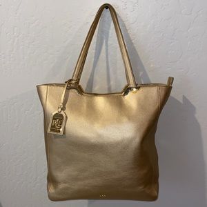 Ralph Lauren Gold Cowhide Pebble Leather Large Tote/Shoulder Bag EUC